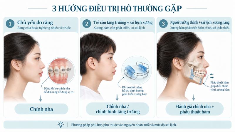 Ba hướng điều trị hô gồm chỉnh nha, chỉnh nha kết hợp tăng trưởng và chỉnh nha phối hợp phẫu thuật hàm