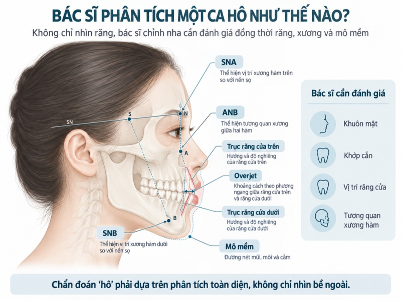 Minh họa các yếu tố bác sĩ chỉnh nha đánh giá khi phân tích một ca hô gồm khuôn mặt, khớp cắn, vị trí răng cửa và tương quan xương hàm