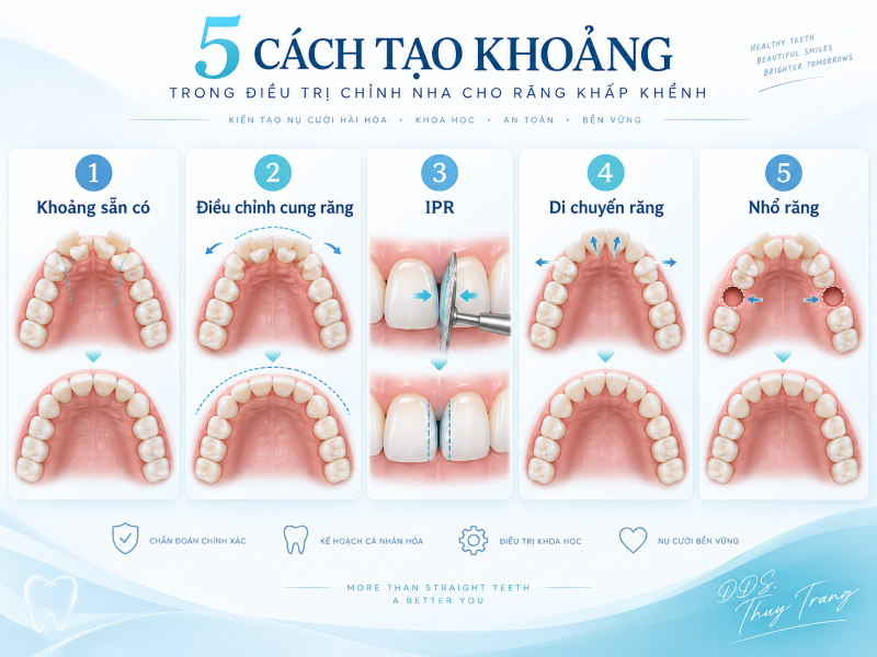 Minh họa các cách tạo khoảng trong chỉnh nha gồm tận dụng khoảng, điều chỉnh cung răng, IPR, di chuyển răng và nhổ răng