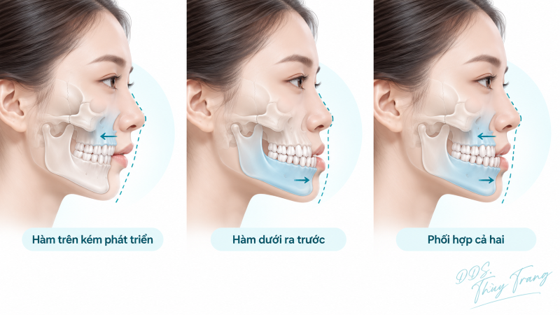 Minh họa các dạng móm do hàm trên kém phát triển, hàm dưới ra trước và phối hợp cả hai