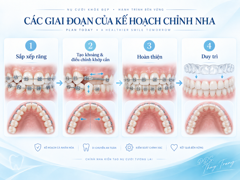 Minh họa các giai đoạn của kế hoạch chỉnh nha từ sắp xếp răng, tạo khoảng, hoàn thiện đến duy trì