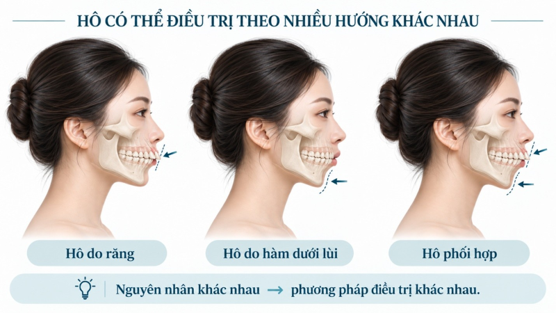 Minh họa các hướng điều trị hô theo nguyên nhân gồm hô do răng, hàm dưới lùi và hô phối hợp