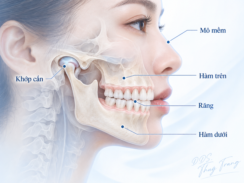 Minh họa các thành phần cần đánh giá khi chẩn đoán chỉnh nha gồm mô mềm, khớp cắn, răng, hàm trên và hàm dưới