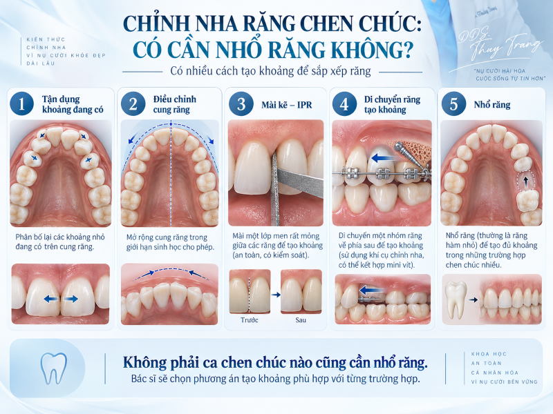 Minh họa các phương án tạo khoảng khi chỉnh nha răng chen chúc