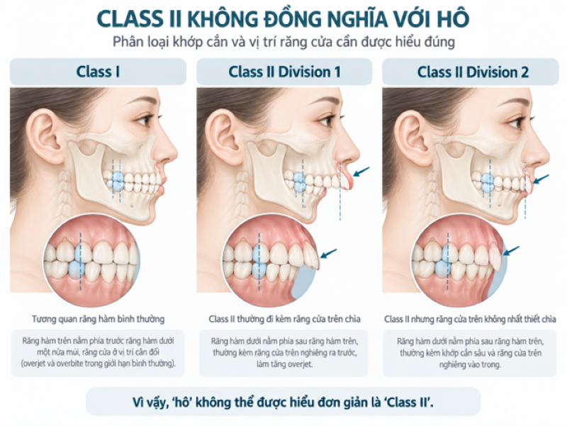 So sánh Class I, Class II Division 1 và Class II Division 2 để phân biệt sai khớp cắn Class II với biểu hiện răng hô