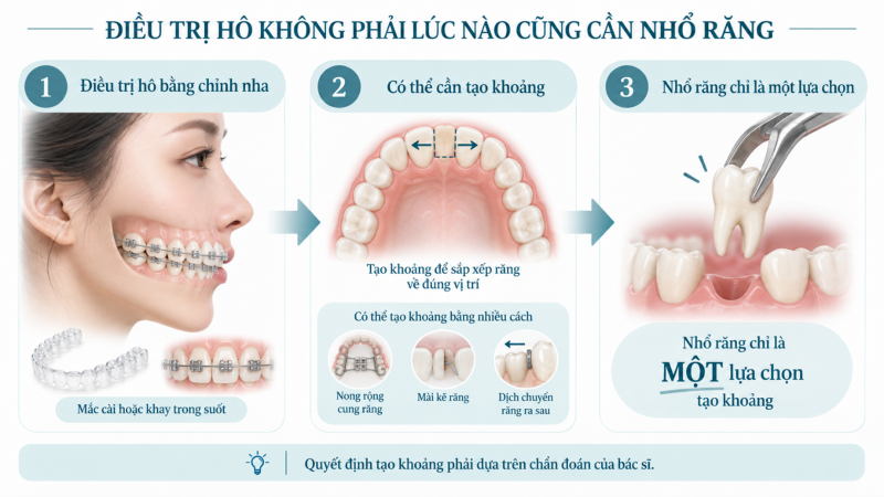 Minh họa điều trị hô có thể cần tạo khoảng và nhổ răng chỉ là một trong các lựa chọn