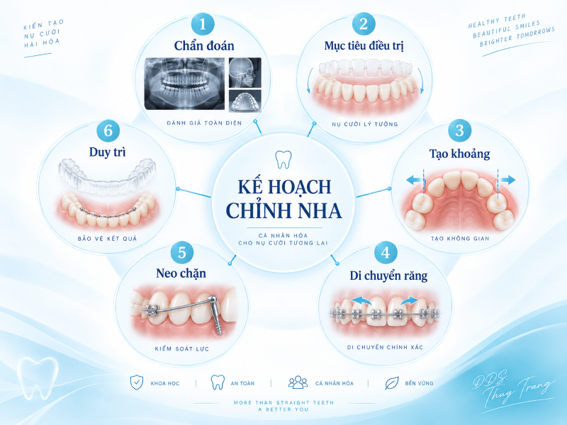 Minh họa các thành phần của một kế hoạch chỉnh nha gồm chẩn đoán, mục tiêu, tạo khoảng, di chuyển răng, neo chặn và duy trì