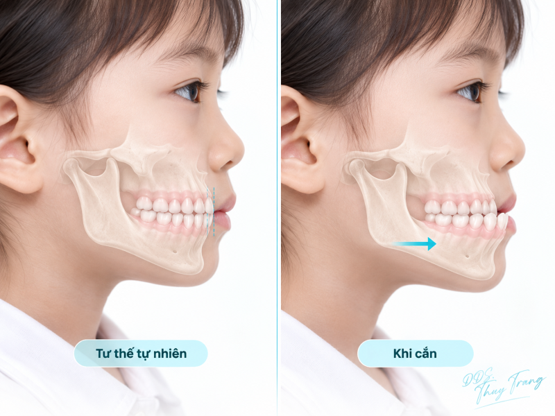 Minh họa móm chức năng ở trẻ khi hàm dưới trượt ra trước lúc cắn
