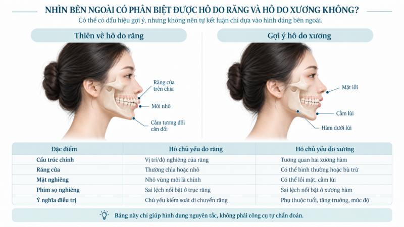 Minh họa dấu hiệu bên ngoài gợi ý hô do răng và hô do xương