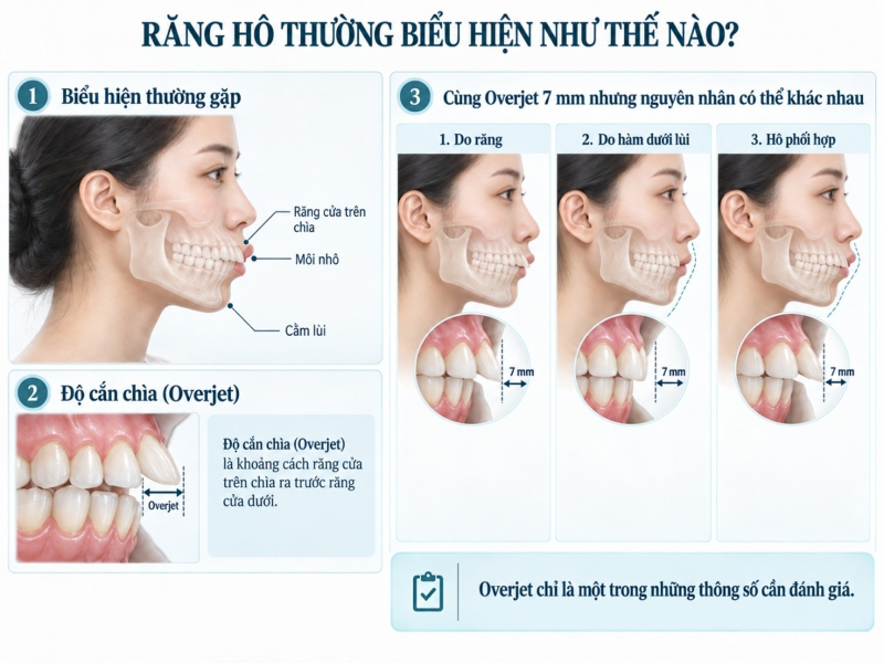 Minh họa biểu hiện răng hô, độ cắn chìa Overjet và các nguyên nhân do răng, hàm dưới lùi hoặc phối hợp